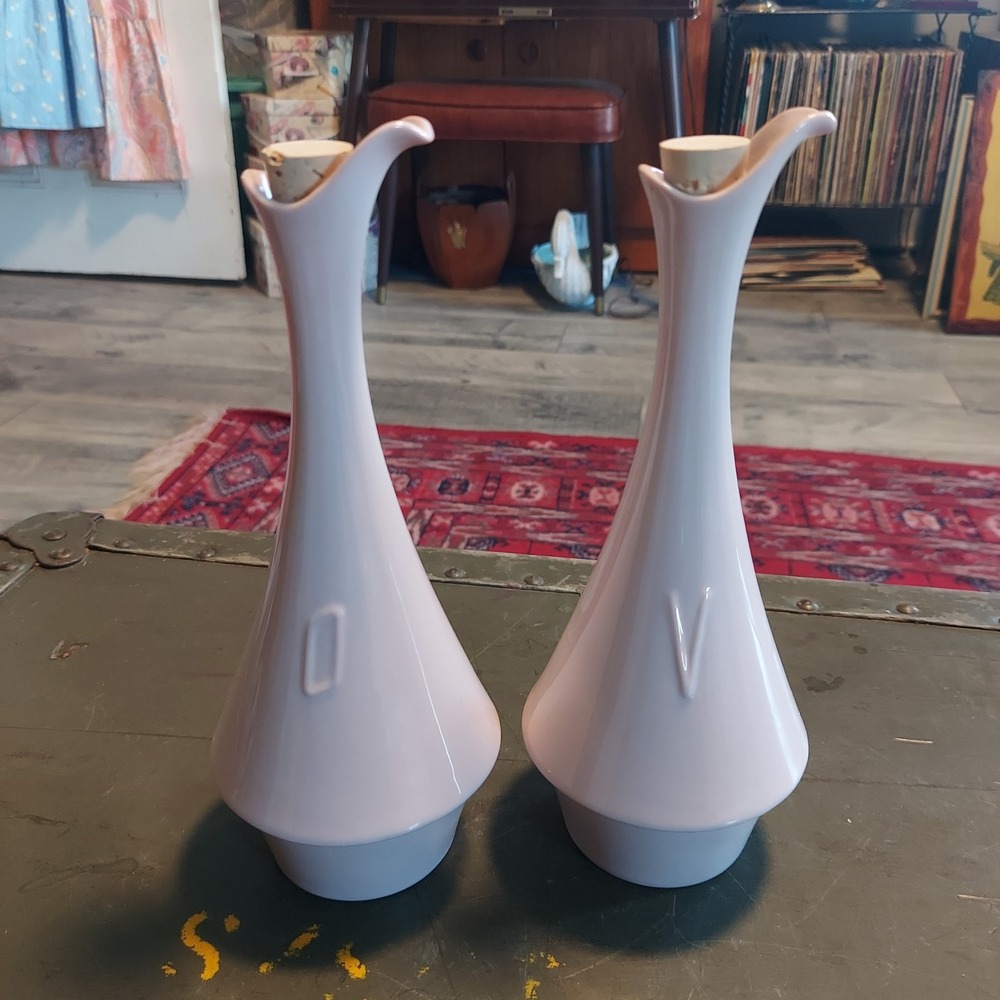 Vintage Hoenig Potteries Blush Pink Ceramic Oil and Vinegar Cruet Set MCM 8 inch